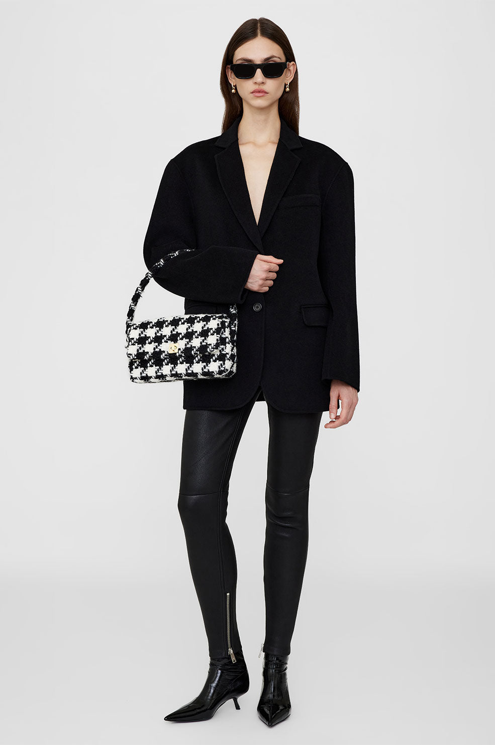 ANINE BING Nico Bag - Black And White Houndstooth - On Model View