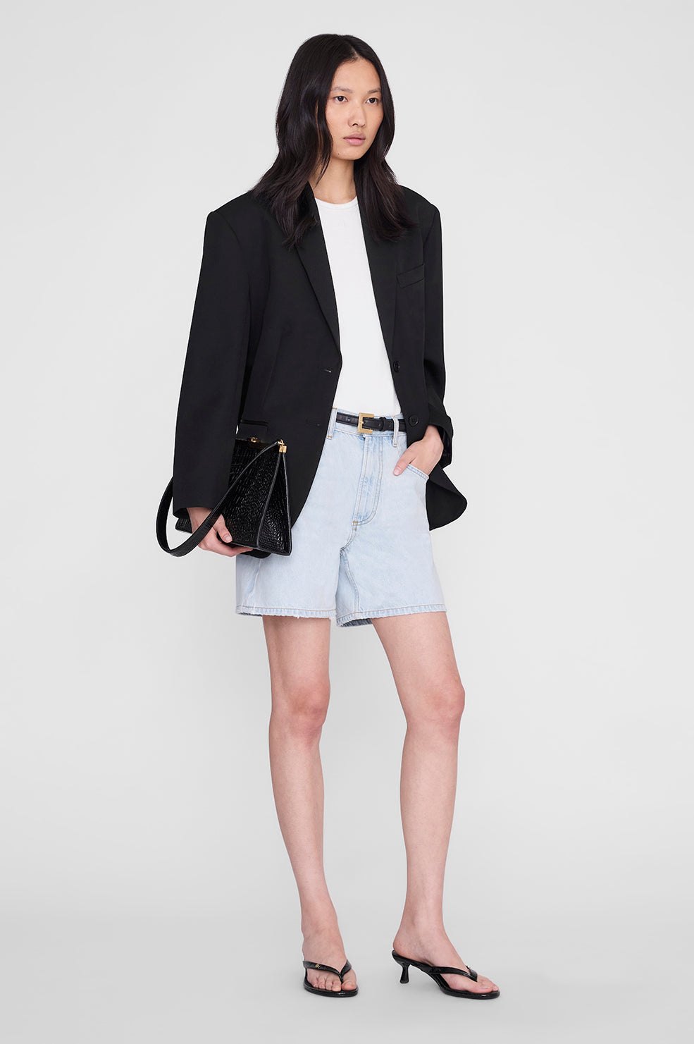 ANINE BING Noelle Thong Heels - Embossed Black - on model front