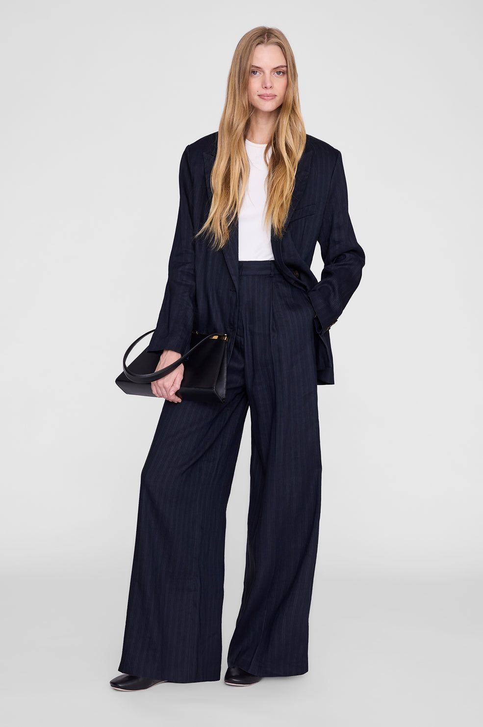 ANINE BING Paola Trouser - Navy Pinstripe - on model front