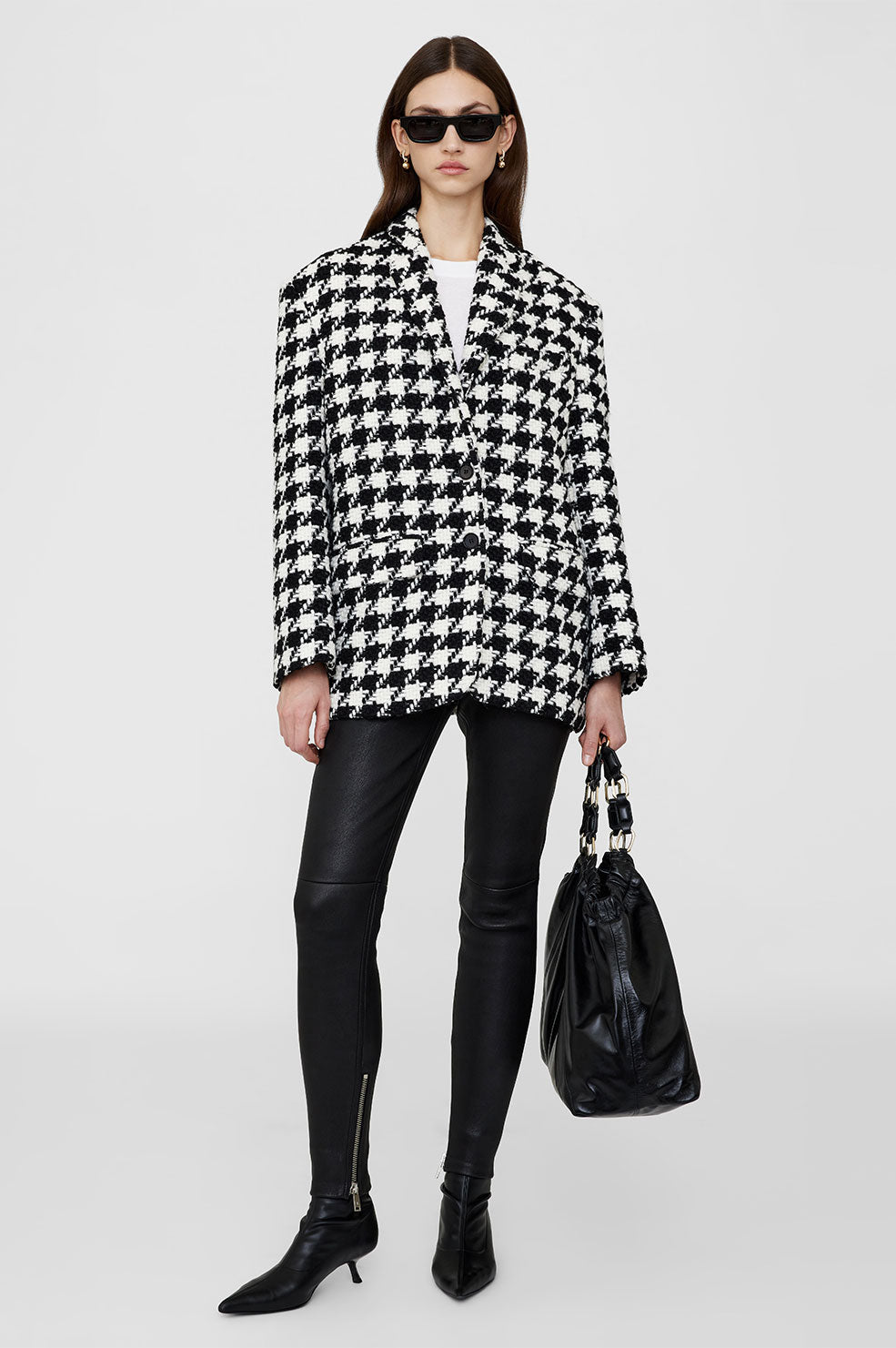ANINE BING Quinn Blazer - Black And White Houndstooth - On Model Front Second Image