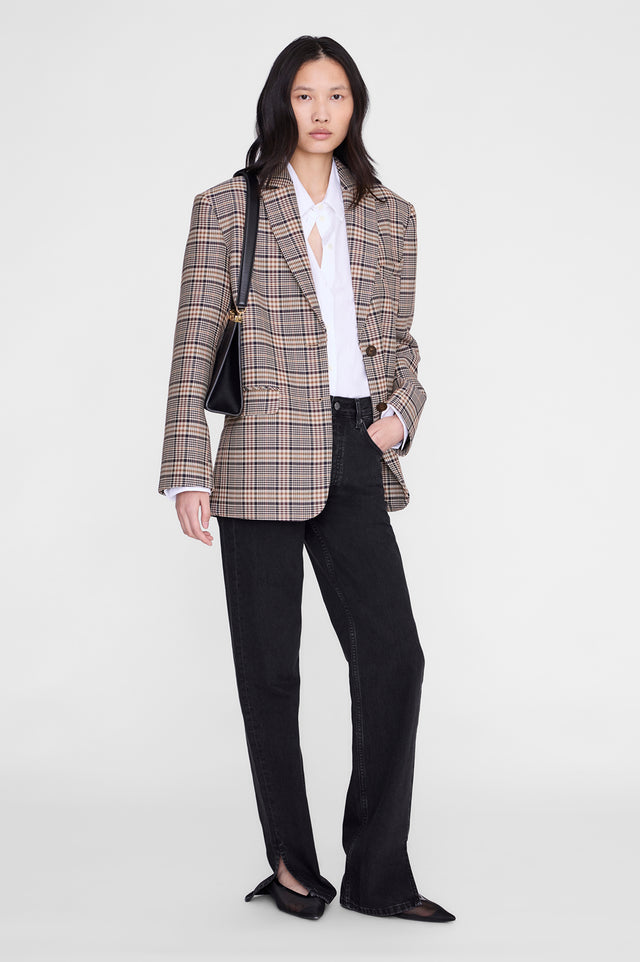 ANINE BING Quinn Blazer - Beige And Navy Checks - on model front