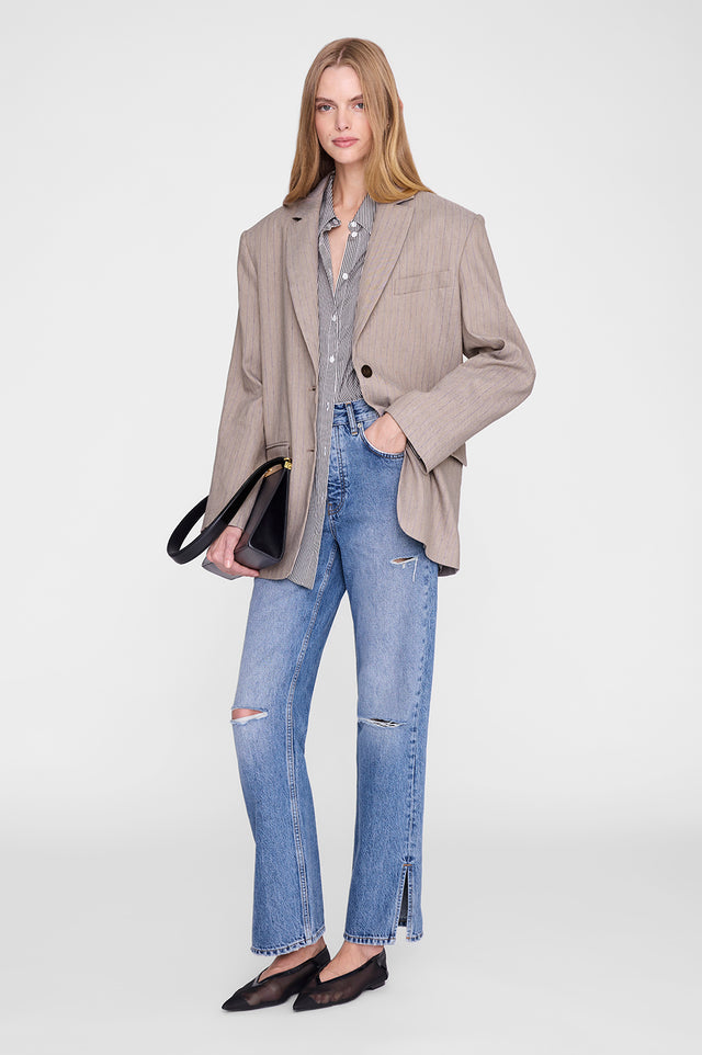 ANINE BING Quinn Blazer - Taupe And Blue Pinstripe - on model front second image