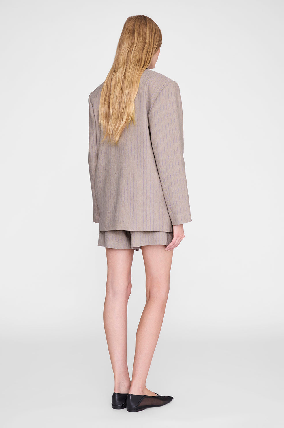 ANINE BING Quinn Blazer - Taupe And Blue Pinstripe - on model back