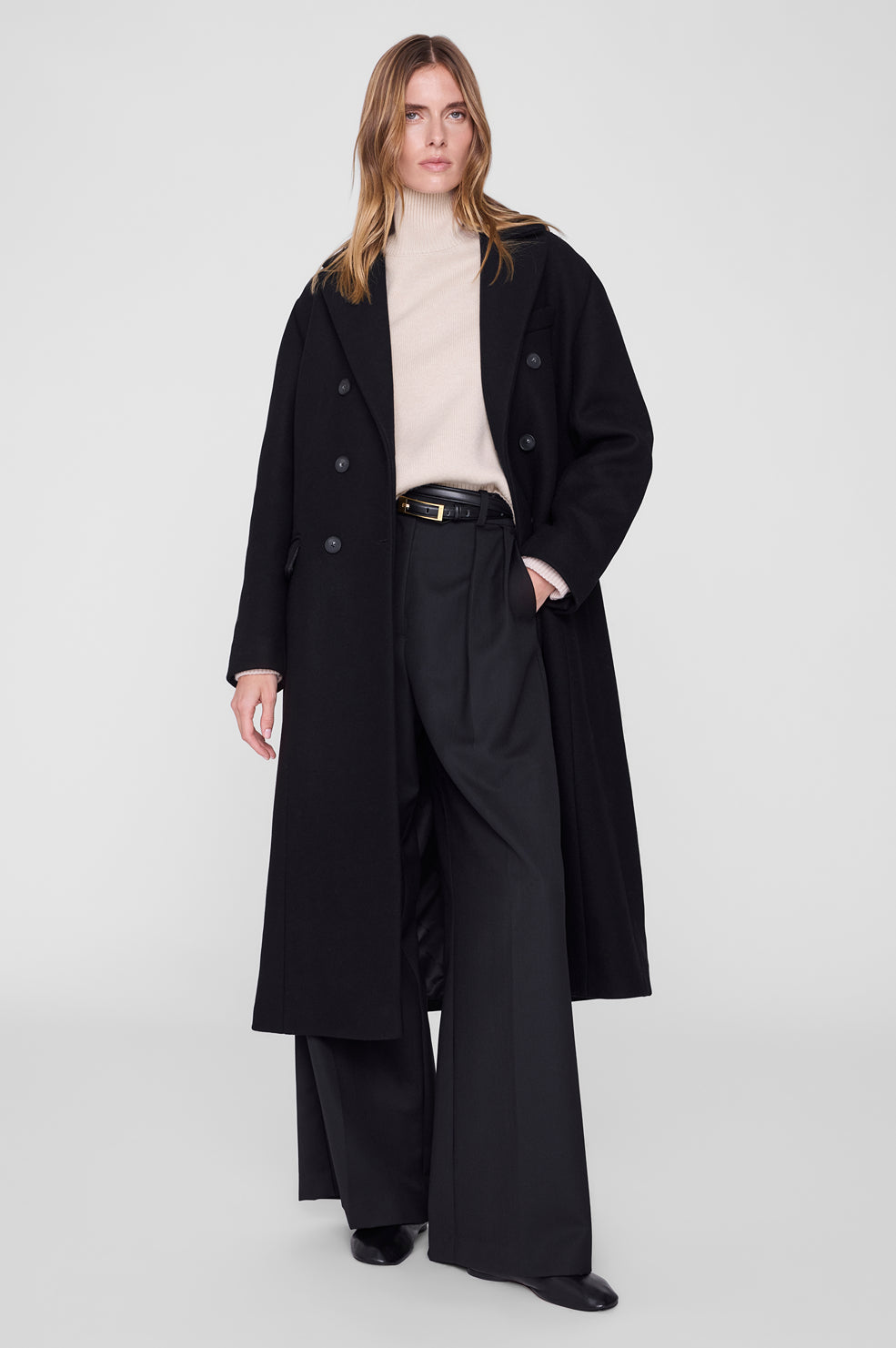 ANINE BING Sali Maxi Coat - Black - on model front