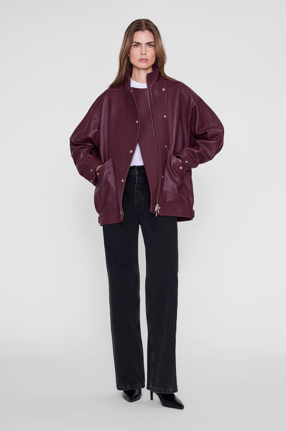 ANINE BING Sandy Jacket - Burgundy Leather - on model front