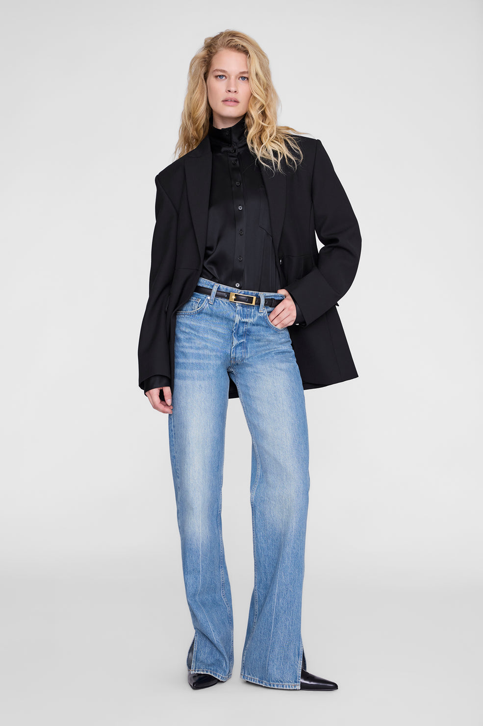 ANINE BING Scott Cropped Shirt - Black - on model front second image