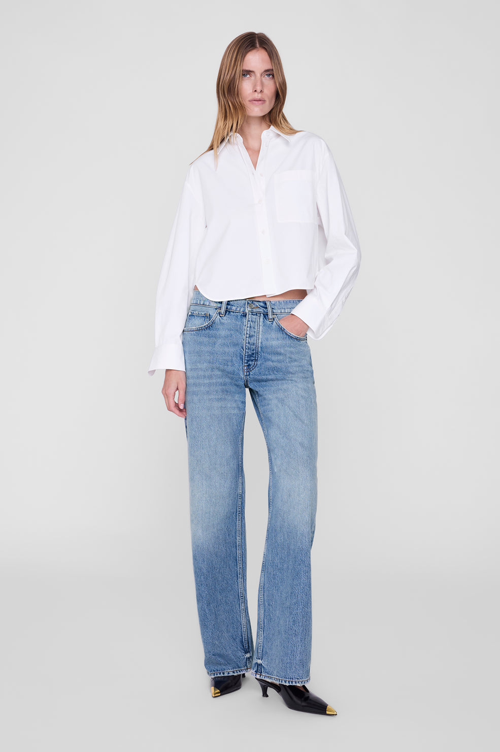 ANINE BING Scott Cropped Shirt - White - on model front