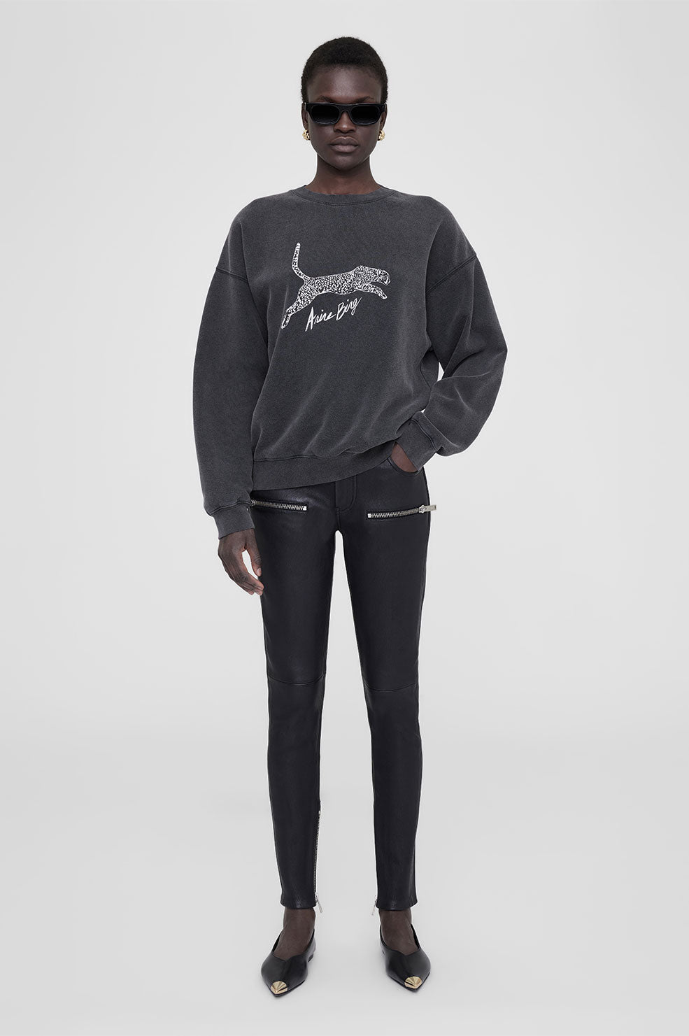 ANINE BING Spencer Sweatshirt Spotted Leopard - Washed Black - On Model Front