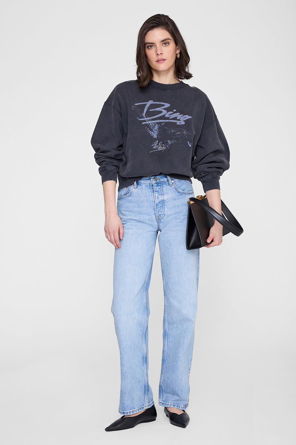 ANINE BING Spencer Sweatshirt Eagle - Washed Black - on model front