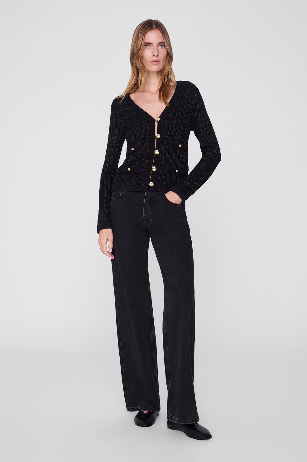 ANINE BING Tessa Tweed Cardigan - Black - on model front