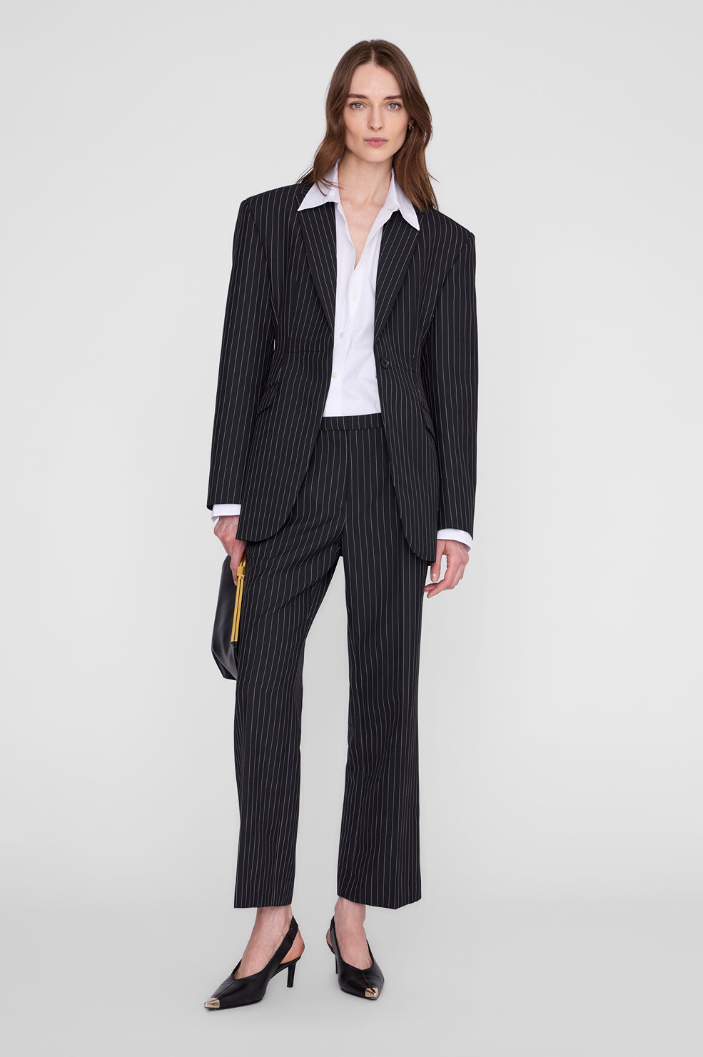 ANINE BING Thomas Trouser - Black And White Pinstripe - on model front second image