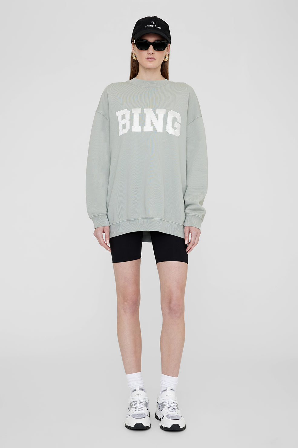 ANINE BING Tyler Sweatshirt Satin Bing - Sage Green - On Model Front