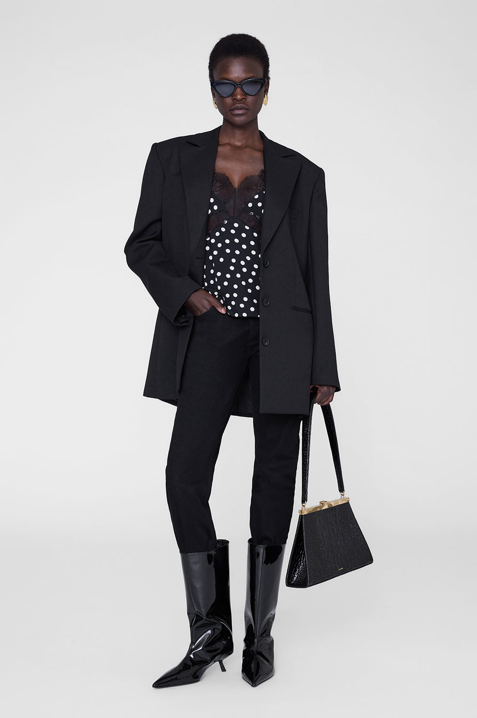 ANINE BING Amelie Camisole - Black And White Double Dot Jacquard - On Model Second image