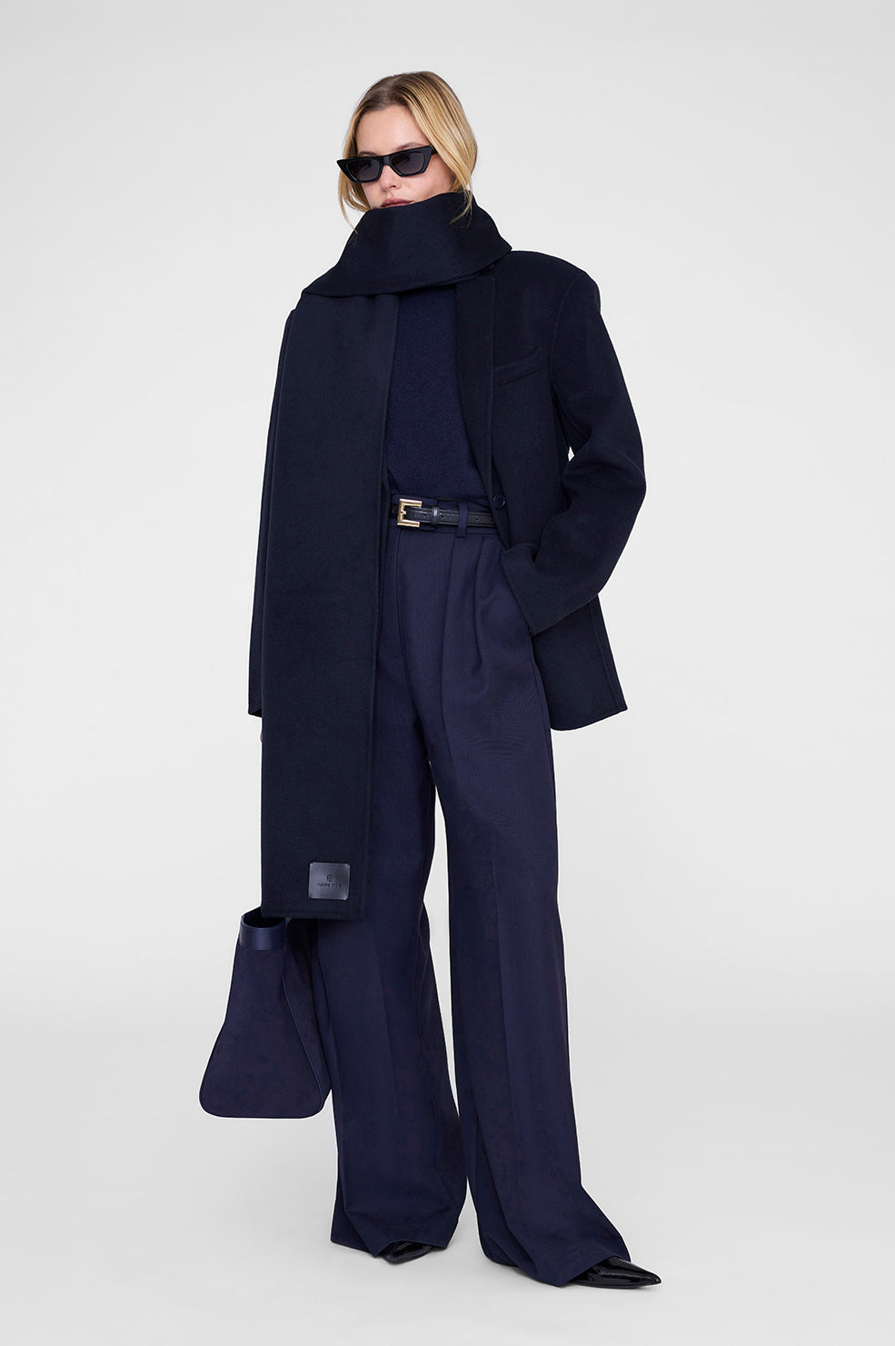 ANINE BING Ava Scarf - Navy Cashmere Blend - on model front