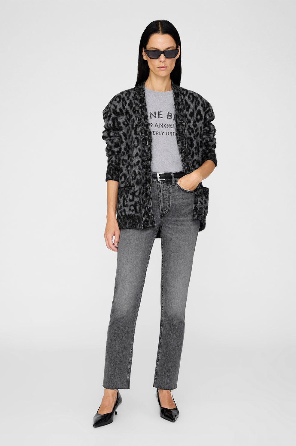 ANINE BING Banks Cardigan - Grey Leopard - on model Front View