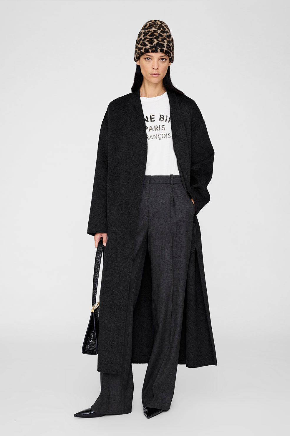 ANINE BING Elia Beanie - Black And Brown Leopard - On Model Front