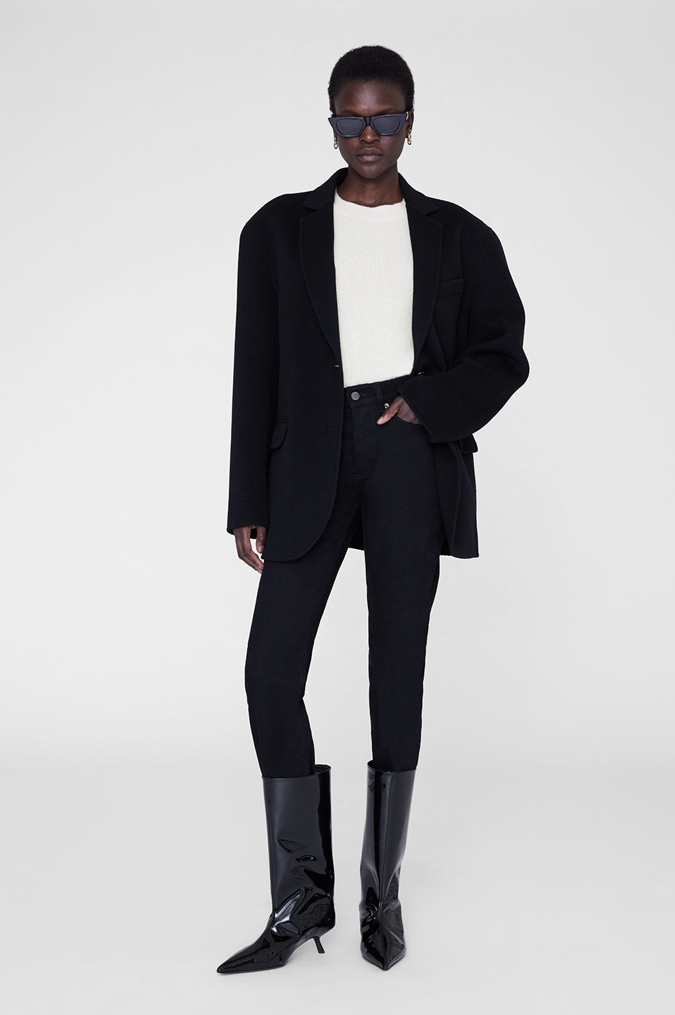 ANINE BING Hilda Wide Boots - Black Patent - On Model Front