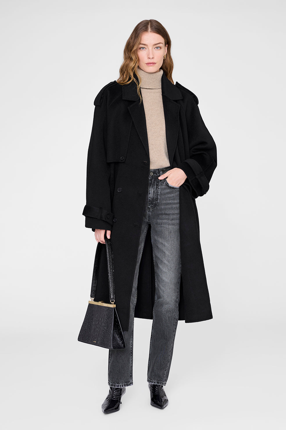 ANINE BING Jackson Turtleneck Sweater - Stone Melange - on model front second image 