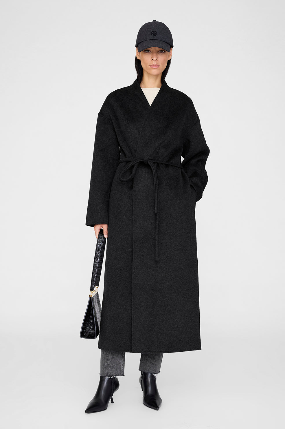 ANINE BING Jeremy Baseball Cap Ab - Dark Heather Grey Wool - On Model Front