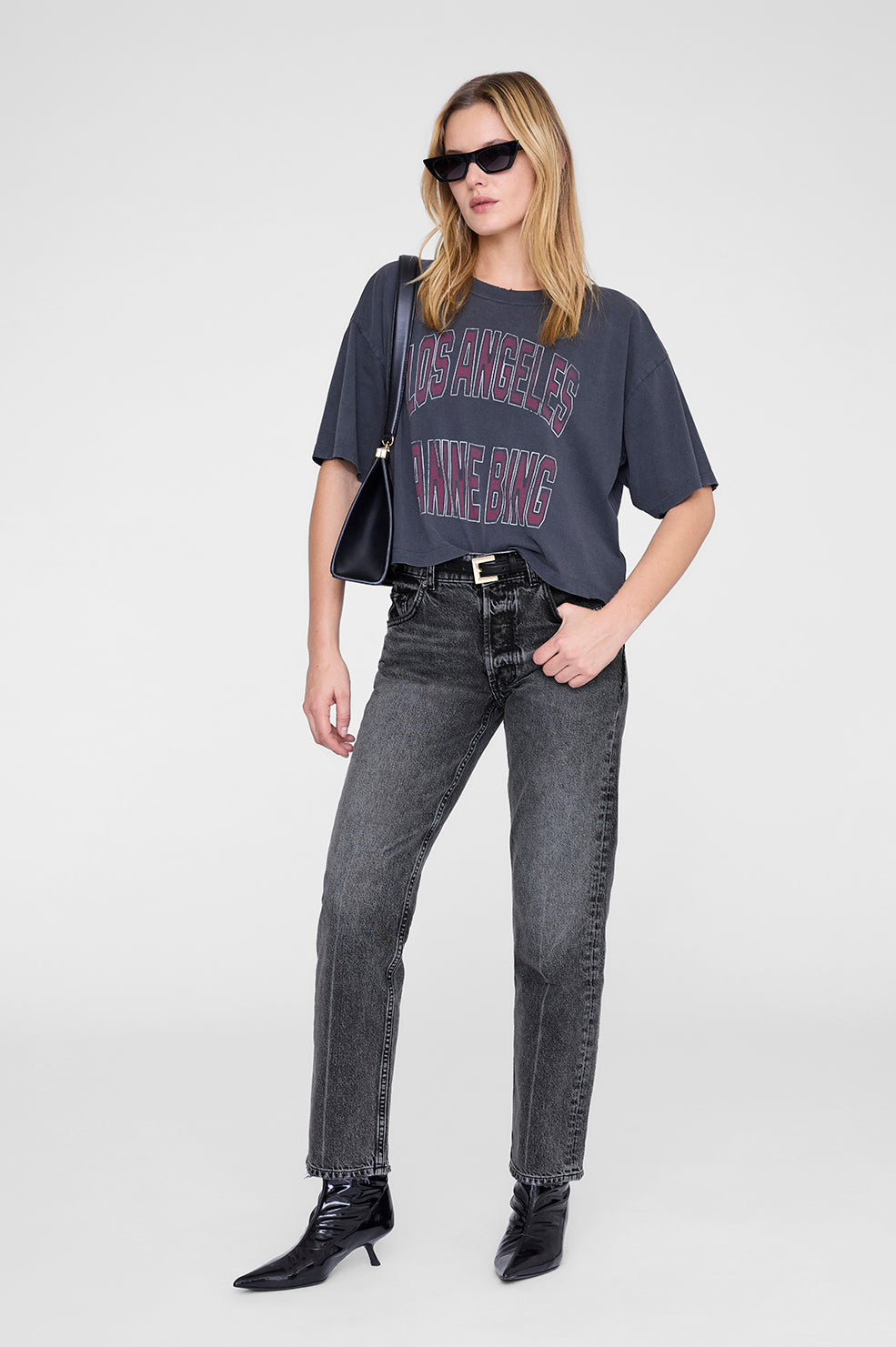 ANINE BING Johnny Cropped Tee - Washed Black - on model front 