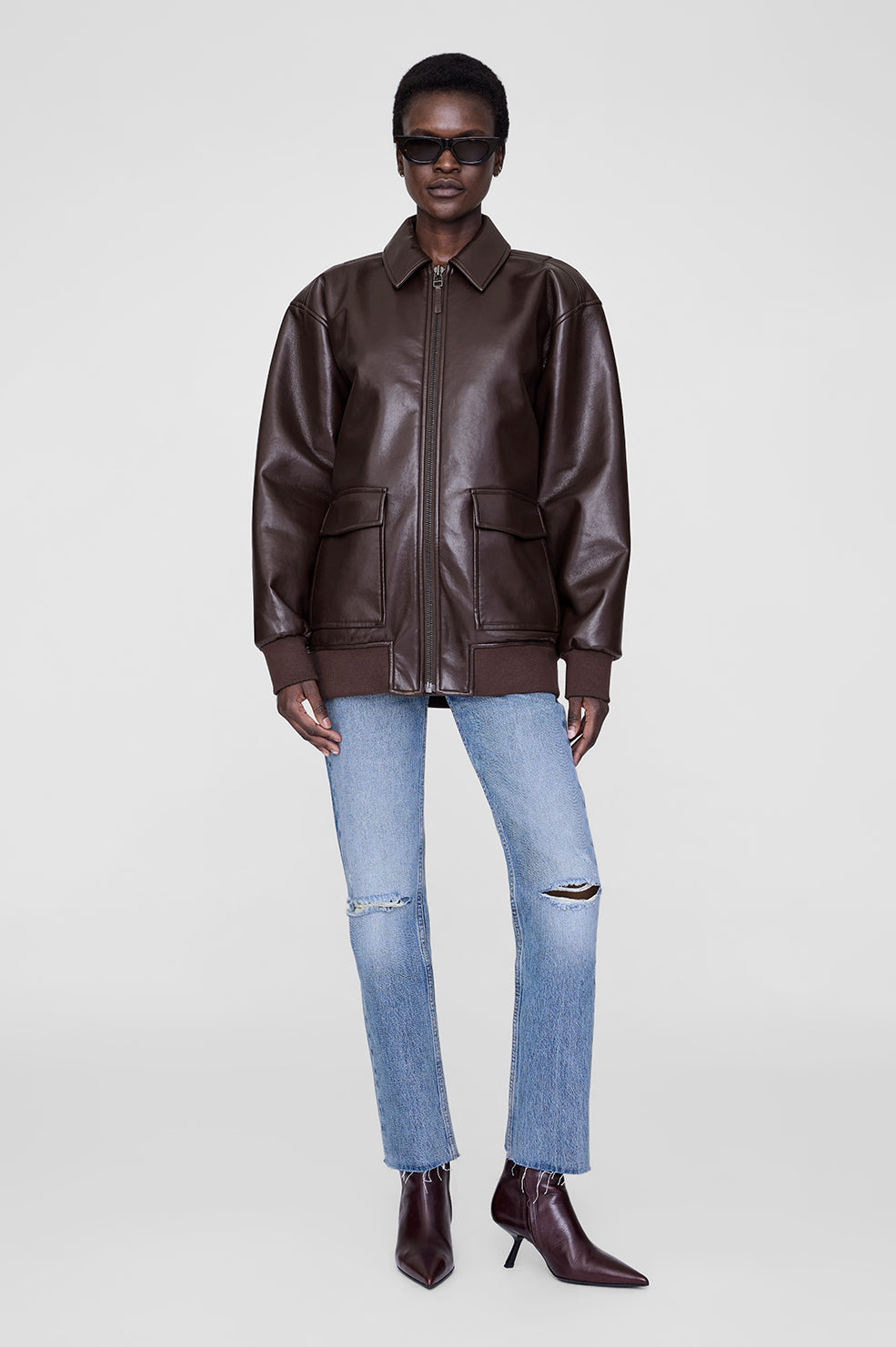 ANINE BING Kelanie Jacket - Deep Brown Recycled Leather - On Model Front Second Image