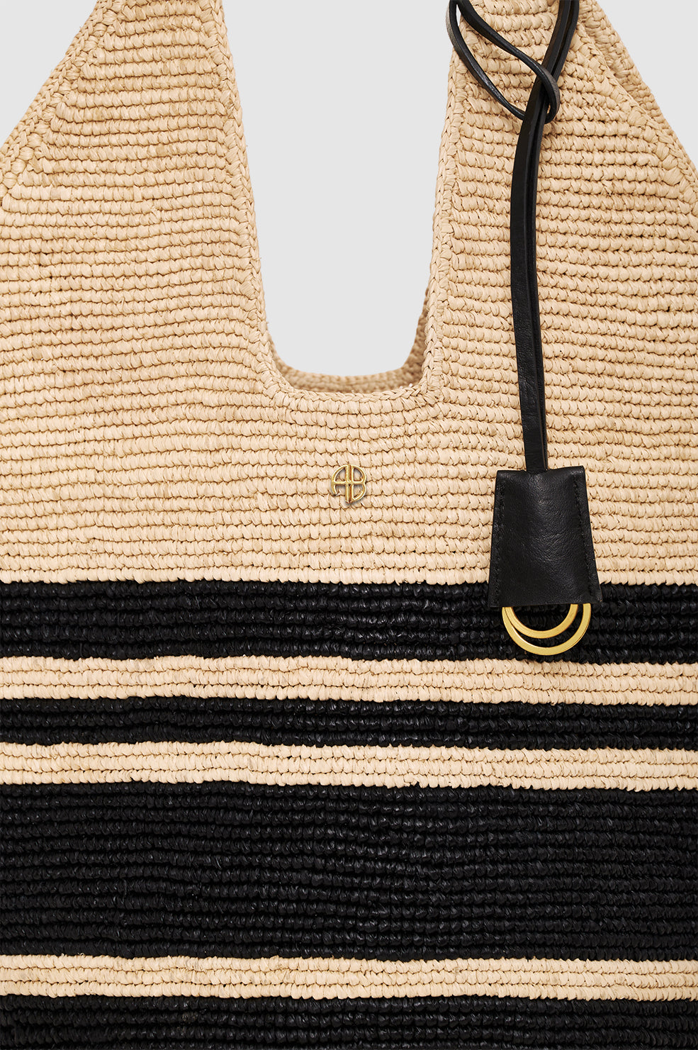 ANINE BING Leah Stripes Hobo Raphia - Black And Natural Stripe - detail view