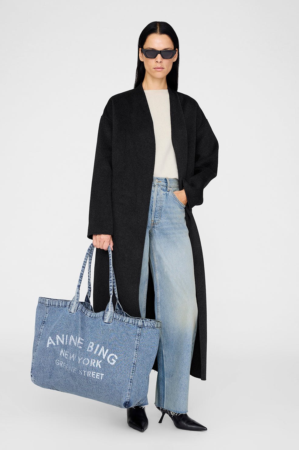 ANINE BING Leo Denim Tote - Shadow Blue - on model front