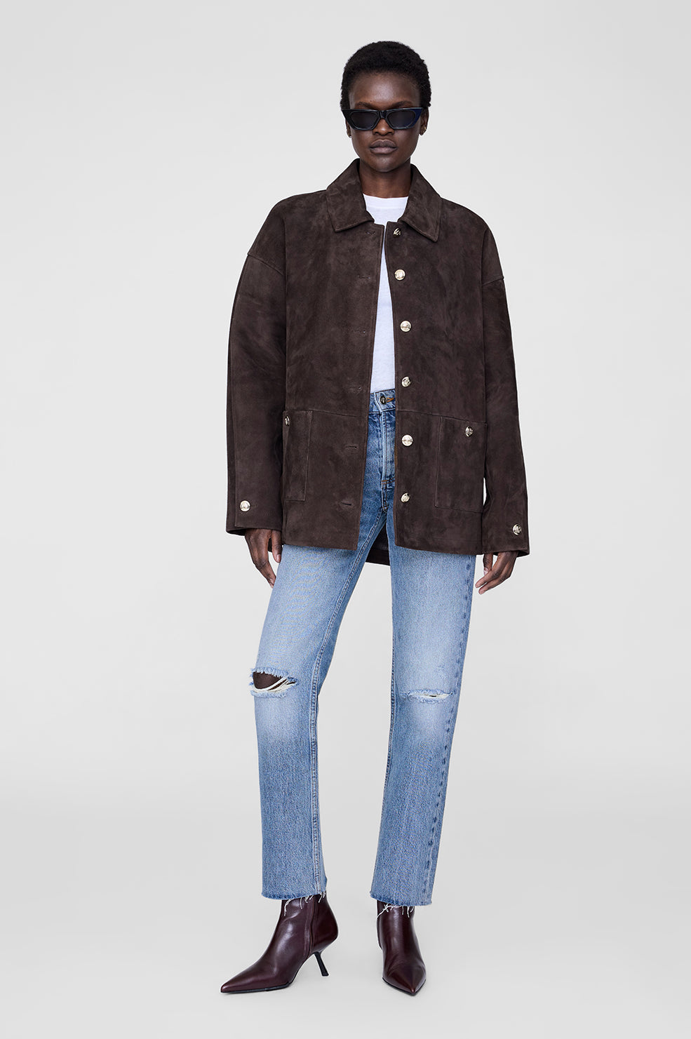 ANINE BING Luca Suede Jacket - Deep Brown - On Model Front