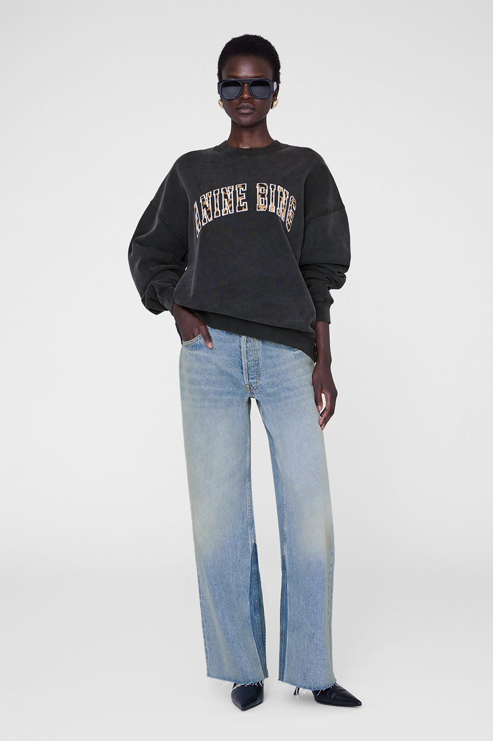 ANINE BING Miles Sweatshirt Anine Bing Leopard - Washed Black - On Model Front