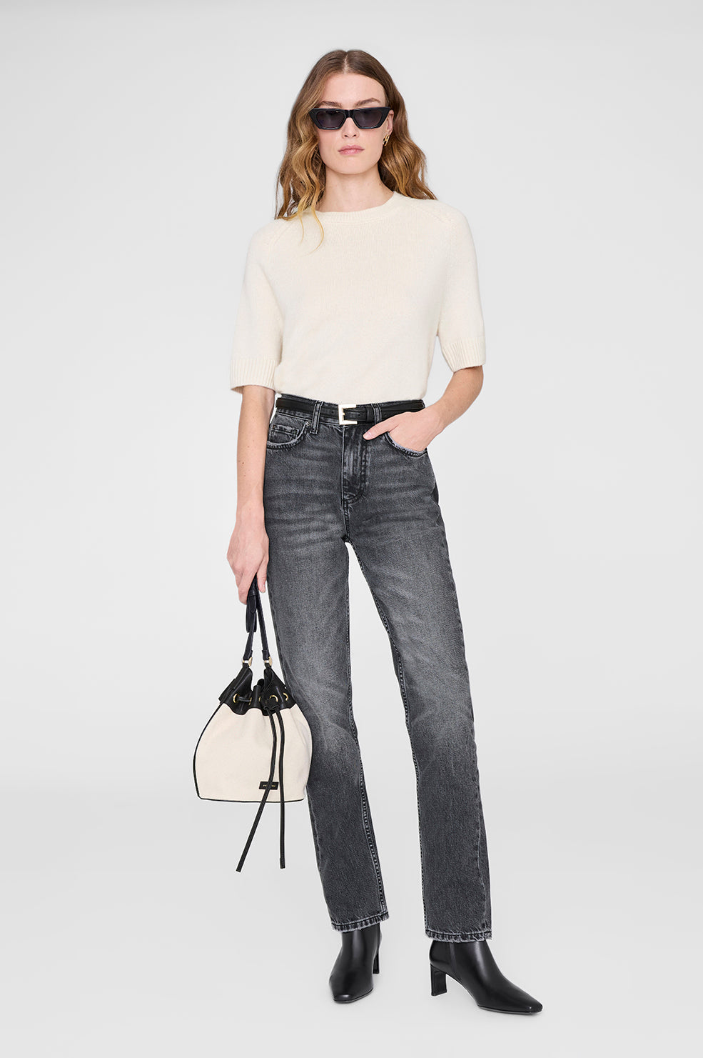 ANINE BING Mini Alana Bucket Bag - Natural - on Model Front 