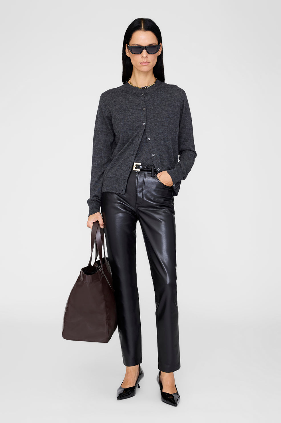 ANINE BING Moni Crop Cardigan - Heather Charcoal - on model front