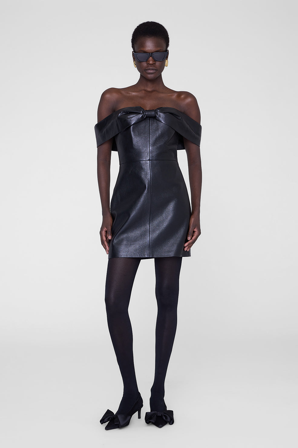 ANINE BING Nina Heels With Bow - Black Satin - On Model Front