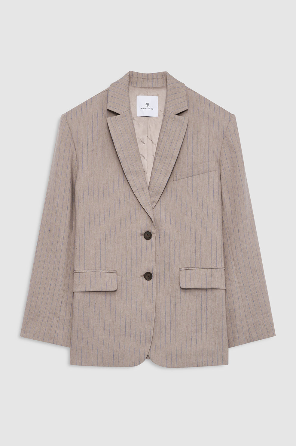 |ANINE BING Quinn Blazer - Taupe And Blue Pinstripe - front view