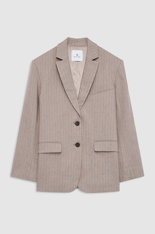 |ANINE BING Quinn Blazer - Taupe And Blue Pinstripe - front view
