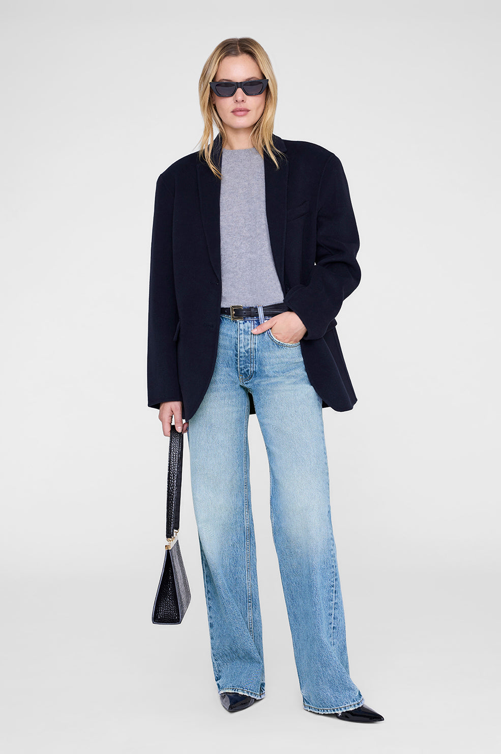 ANINE BING Quinn Blazer - Midnight Blue Cashmere Blend - on model front