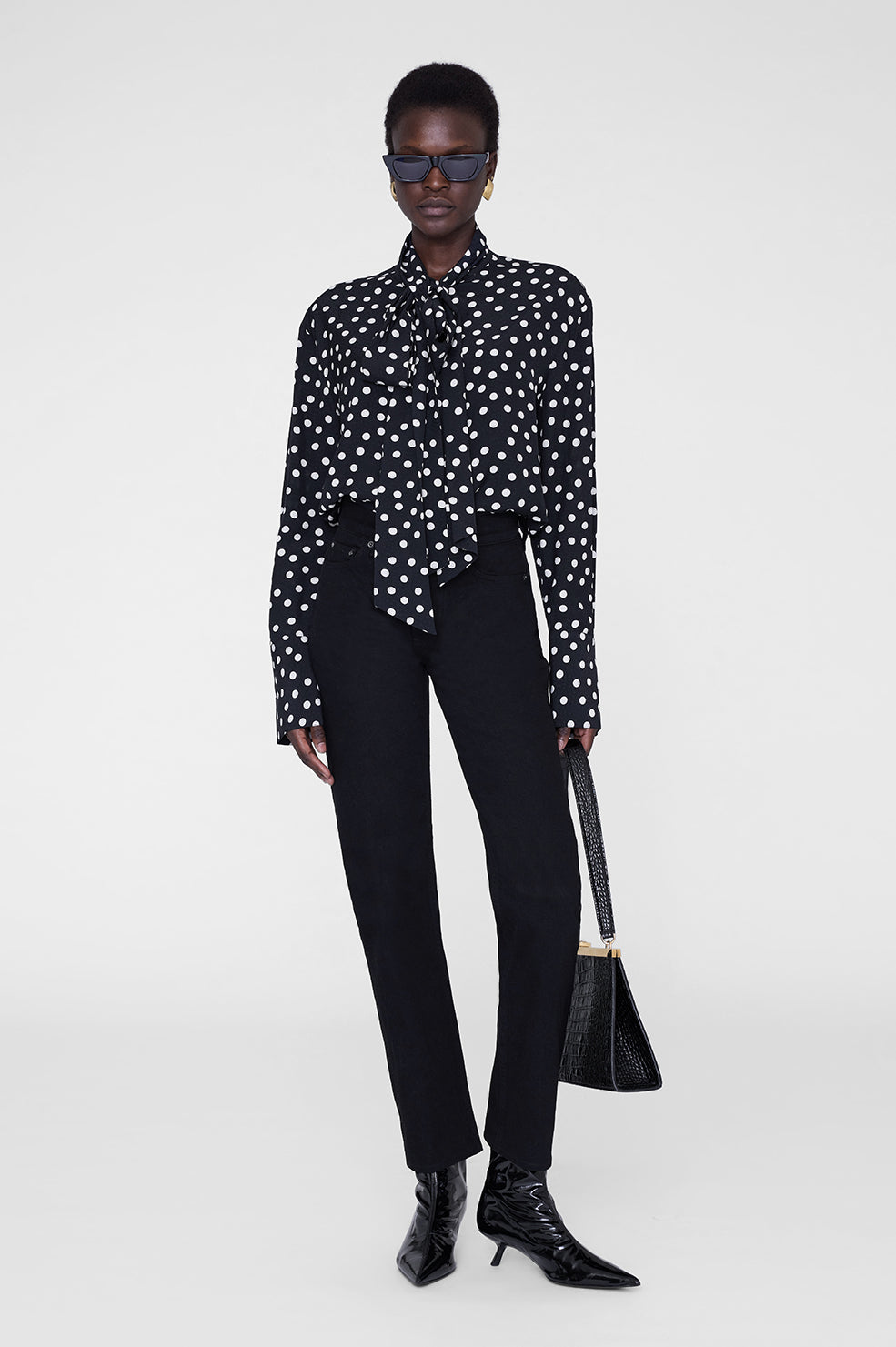 ANINE BING Ruby Shirt - Black And White Double Dot Jacquard - On Model Front