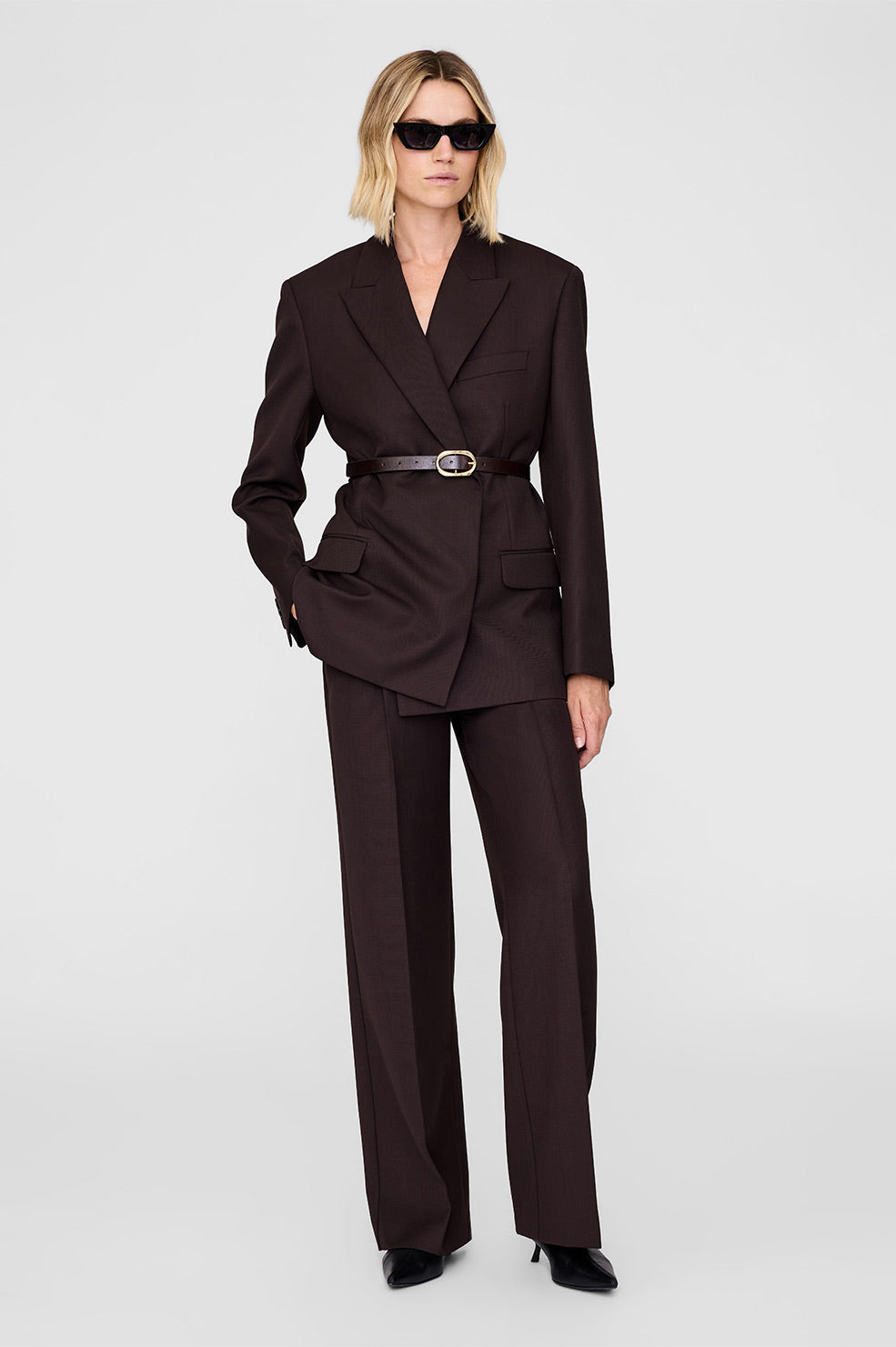 ANINE BING Small Signature Link Belt - Dark Brown With Gold - On Model front