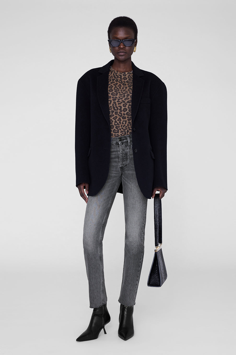 ANINE BING Sylvie Long Sleeve Tee - Black And Brown Leopard - On Model Second Front 