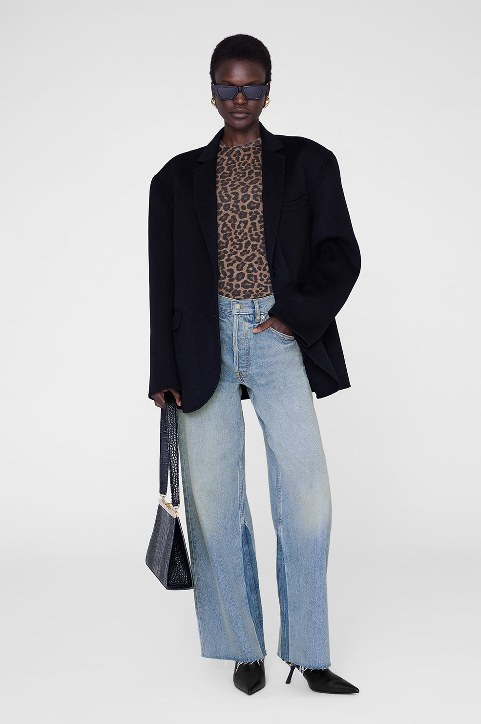 ANINE BING Sylvie Tee - Black And Brown Leopard - ON Model Front Second Image