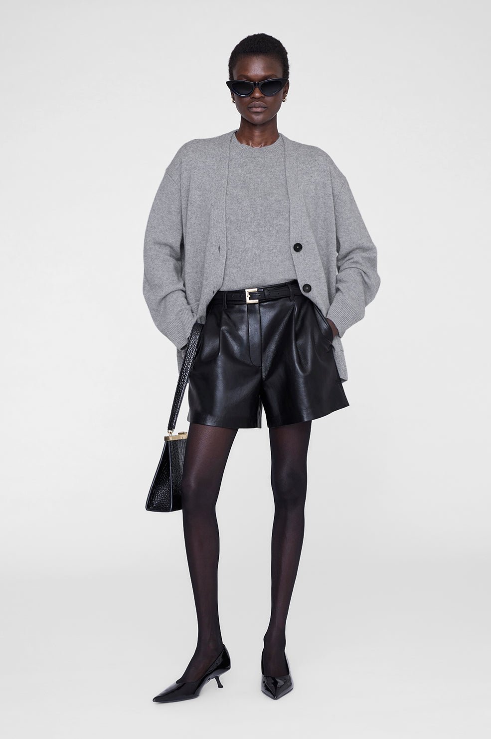 ANINE BING Trent Short - Black Recycled Leather - on model front view