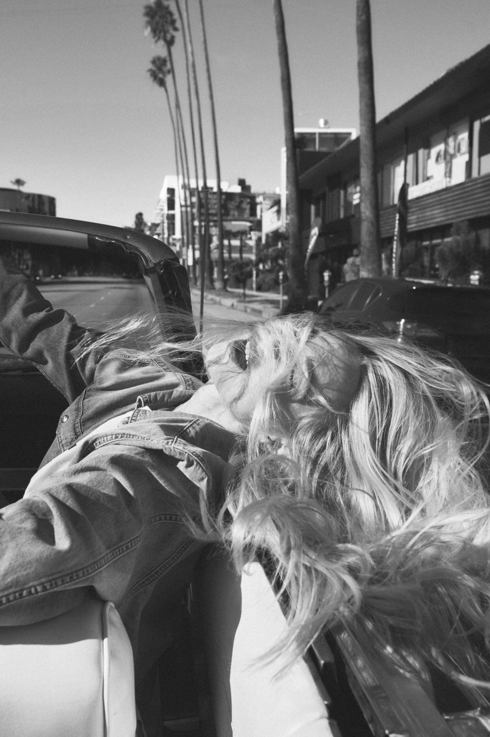 Person with a dog leaning out of a car window on a city street.