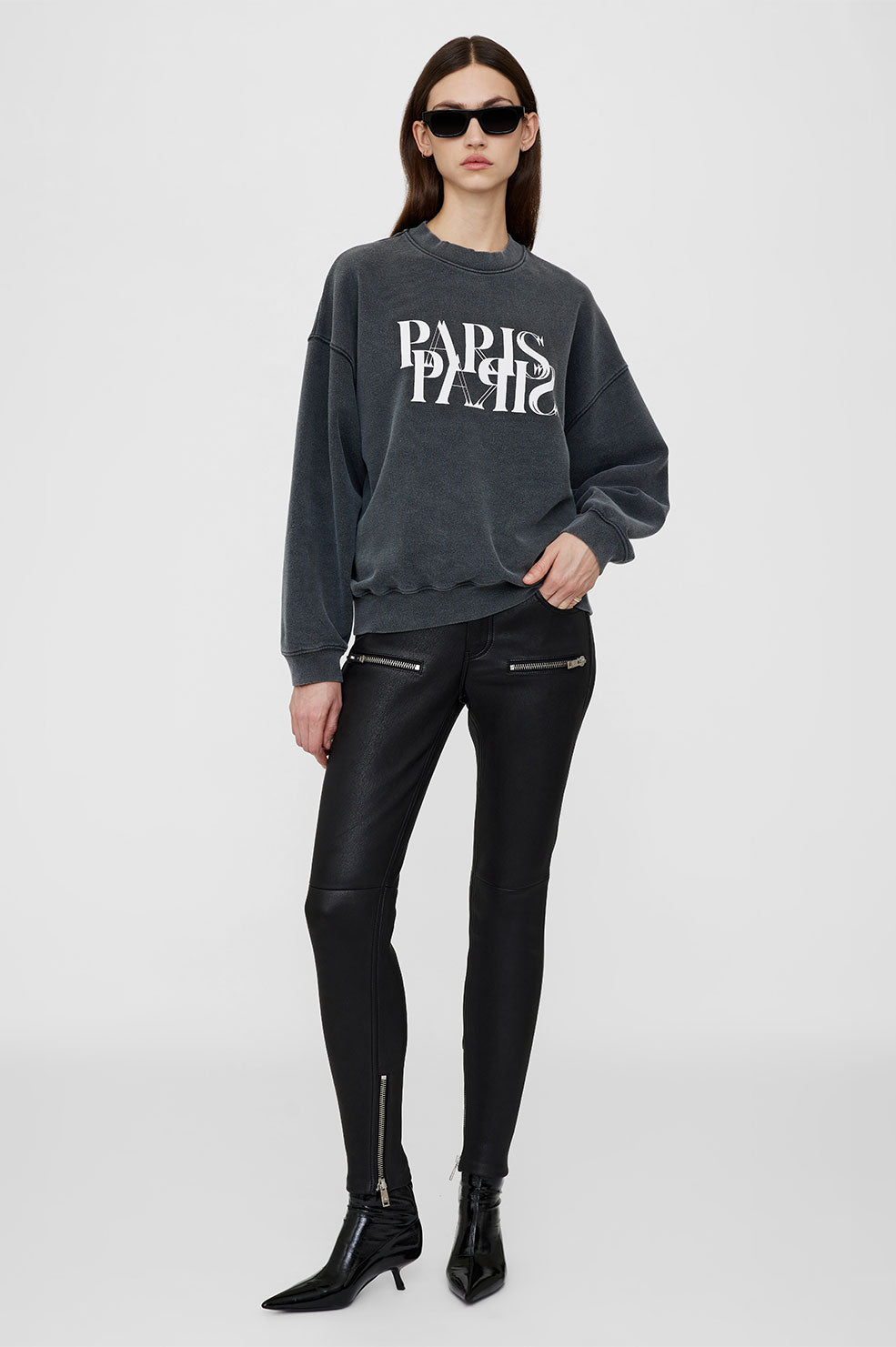 ANINE BING Jaci Sweatshirt Paris - Washed Black - On Model Front