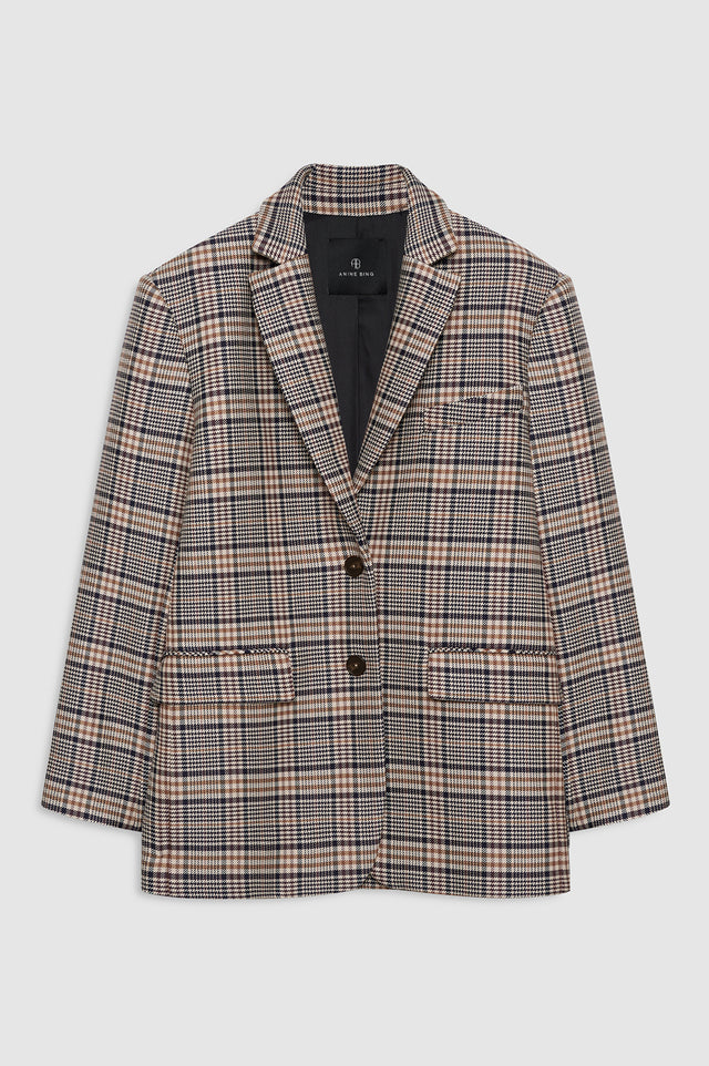 |ANINE BING Quinn Blazer - Beige And Navy Checks - front view