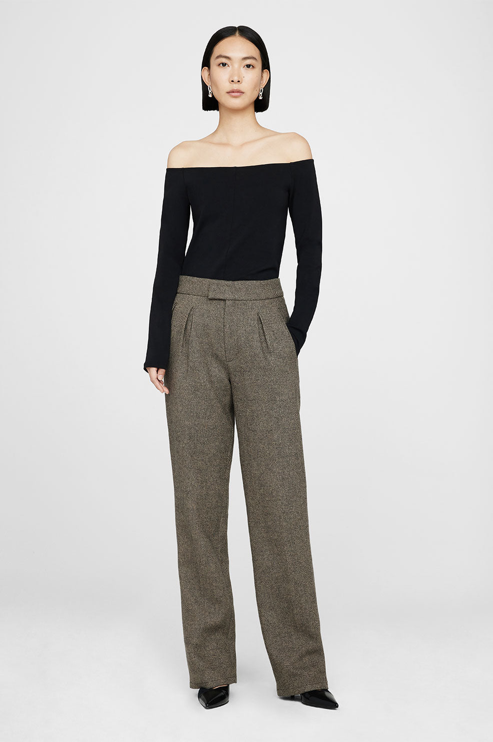 ANINE BING Brice Trouser - Black And Tan Herringbone - On Model Front