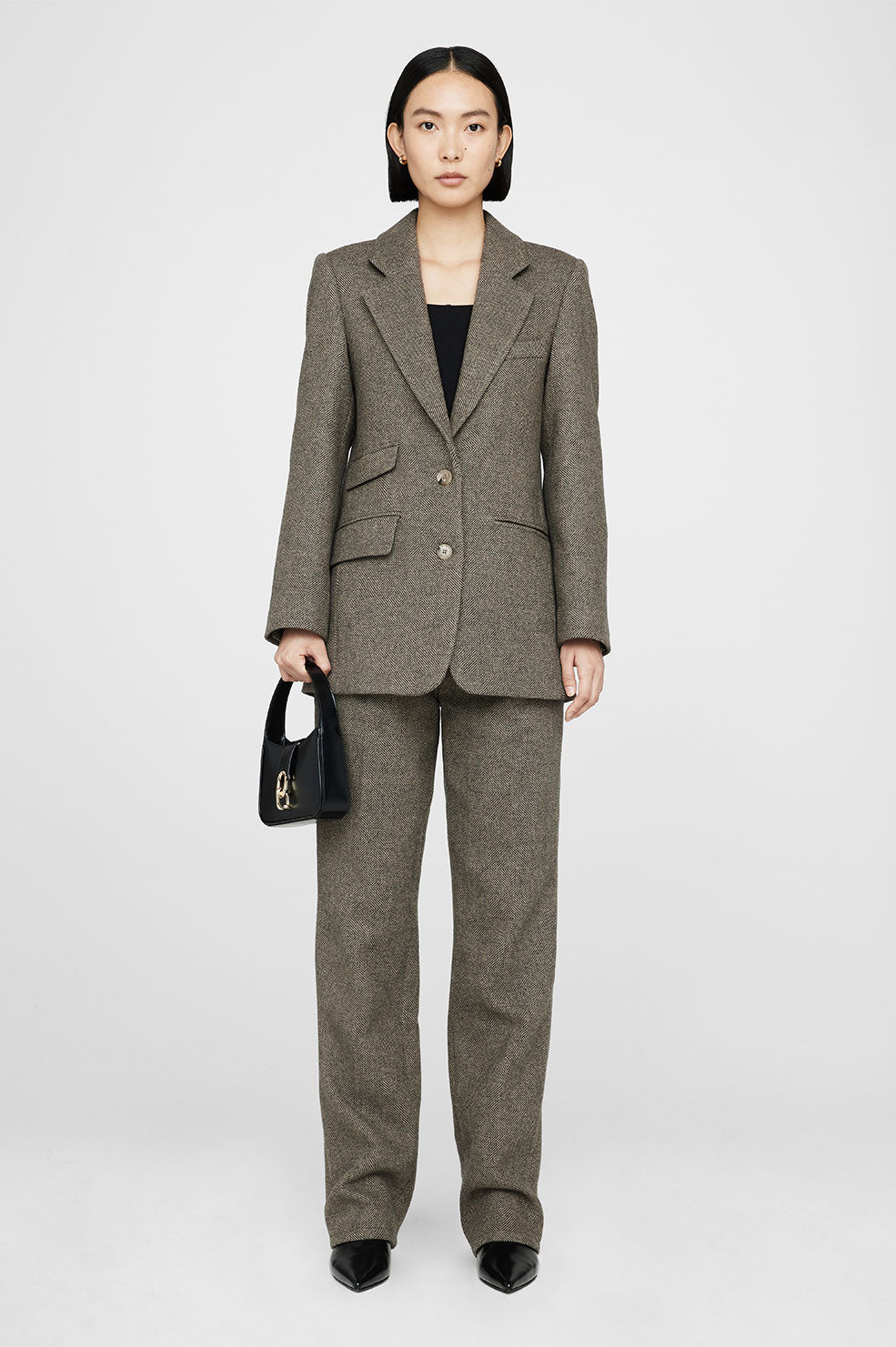 ANINE BING Brice Trouser - Black And Tan Herringbone - On Model Front Second Image