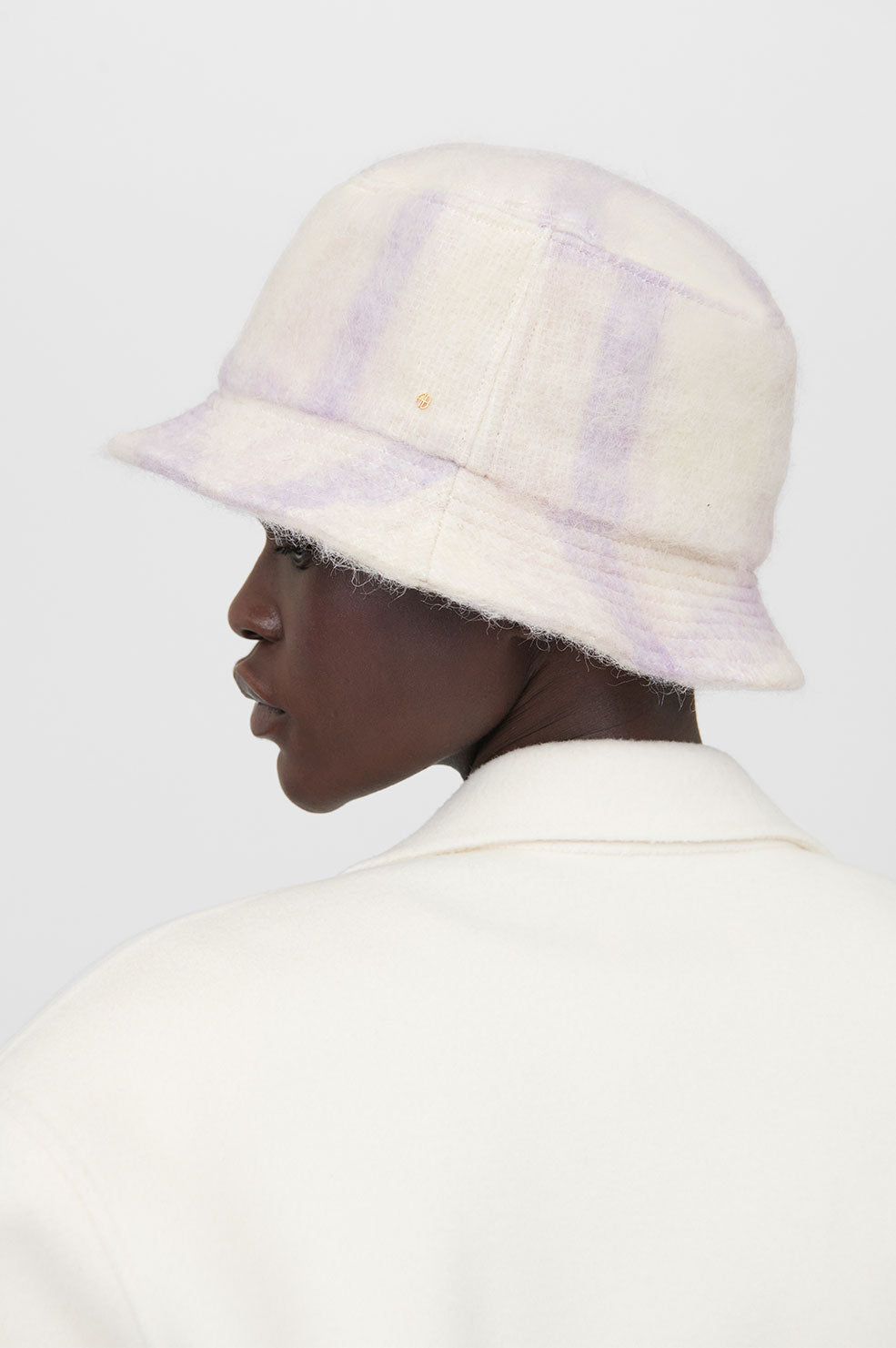 ANINE BING Cami Bucket Hat - Lavender And Cream Check - On Model Side View