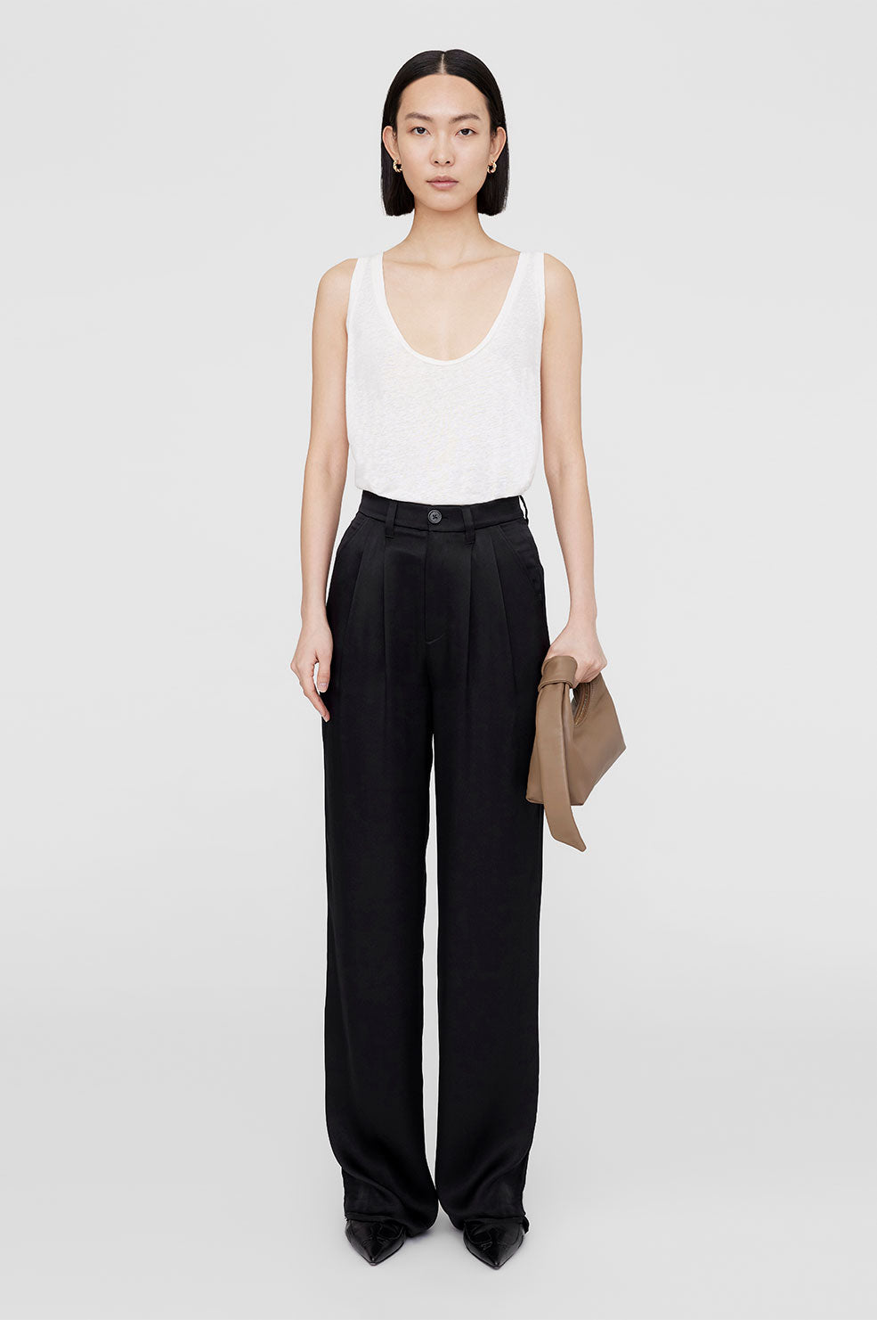 ANINE BING Carrie Pant - Black Silk - On Model Front