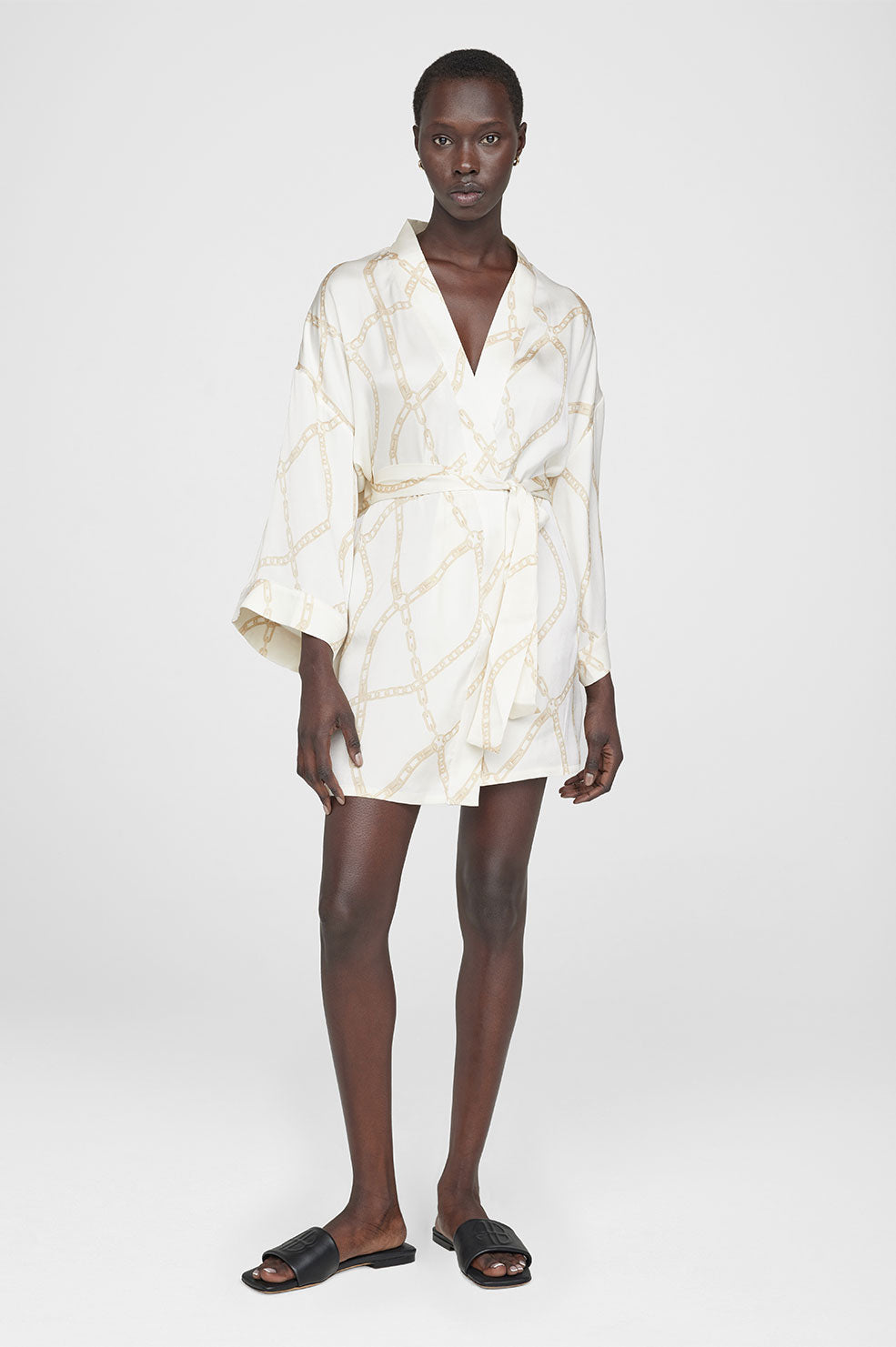 ANINE BING Kara Robe - Cream And Tan Link Print - On Model Front