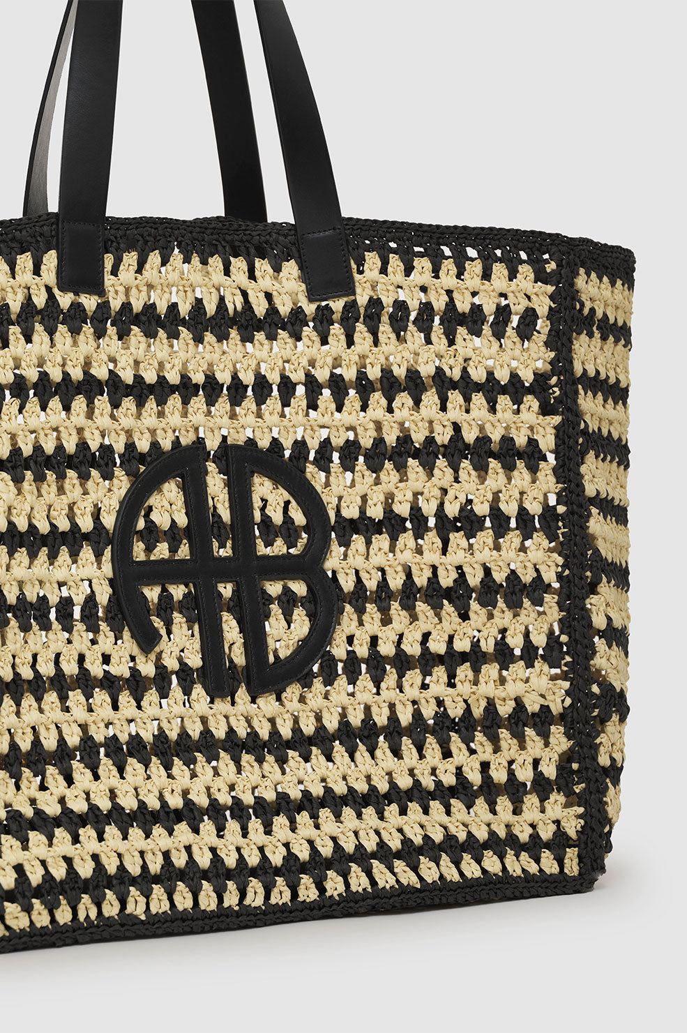 ANINE BING Large Rio Tote - Black And Natural Stripe - Detail View