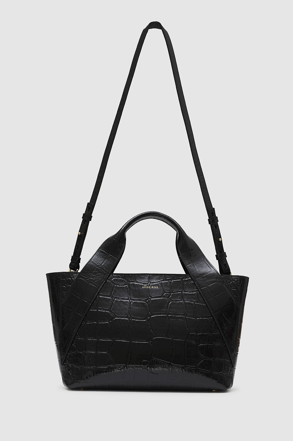 ANINE BING Maya Tote - Black Oversized Embossed - Full View with Strap